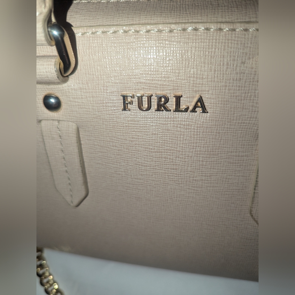 Furla Mini Ellena Neutral Saffiano Leather Satchel with Gold Accents - Picture 10 of 13